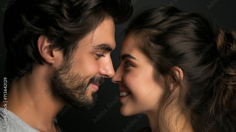 closeup shot of young Caucasian couple on black wallpaper, valentines day concept, sidepose closeup shot of young Caucasian couple on black wallpaper, valentines day concept, sidepose
