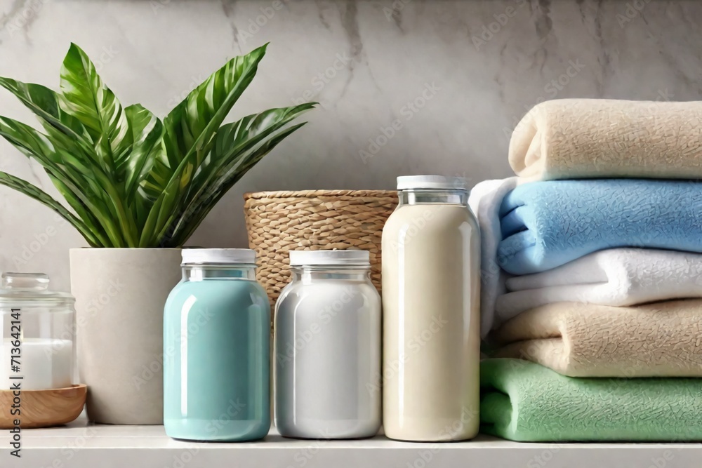 Three glass jars filled with white, blue and beige washing powder on shelf in laundry room 