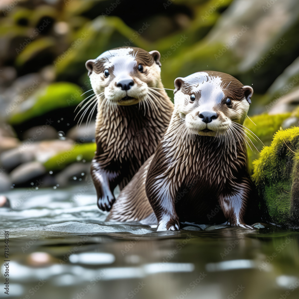 otter in a water next to rocks with mud otter in a water next to rocks with mud