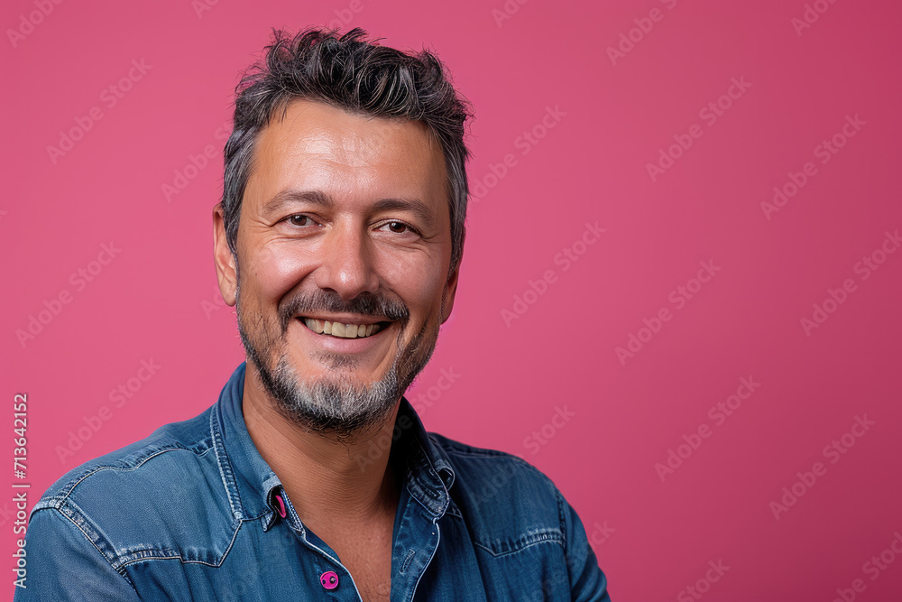 A man with a beard is smiling in front of a pink background A man with a beard is smiling in front of a pink background