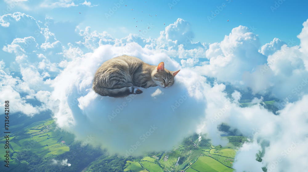 surreal photo of cat sleeping on clouds, fantasy, abstract surrealism - obrazy, fototapety, plakaty 