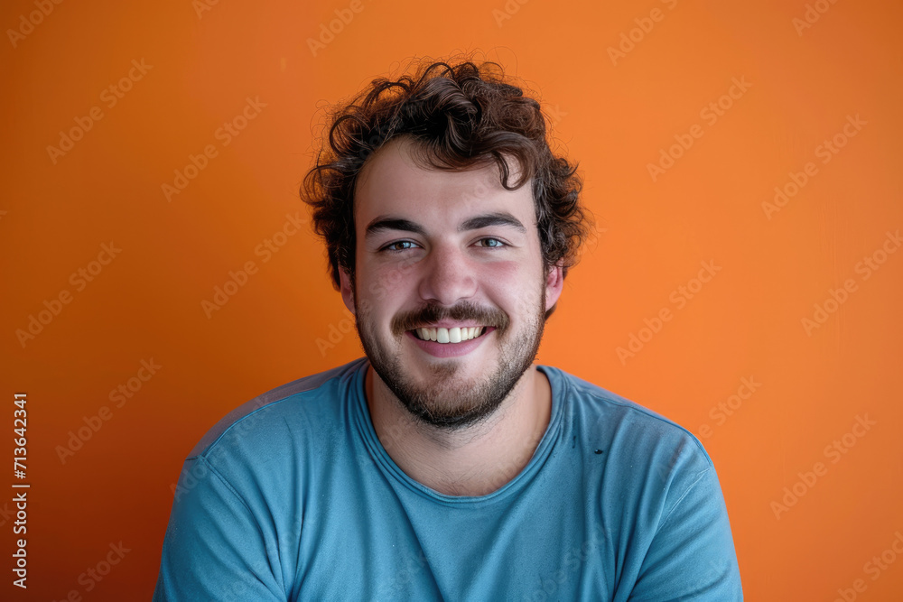 A man with a beard is smiling in front of an orange wall
