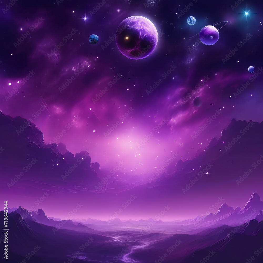purple sky with stars and moons from other planets