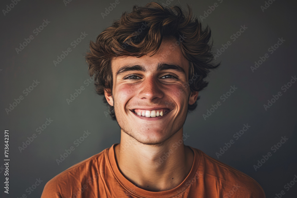 Fototapeta premium A young man in an orange shirt smiles for the camera