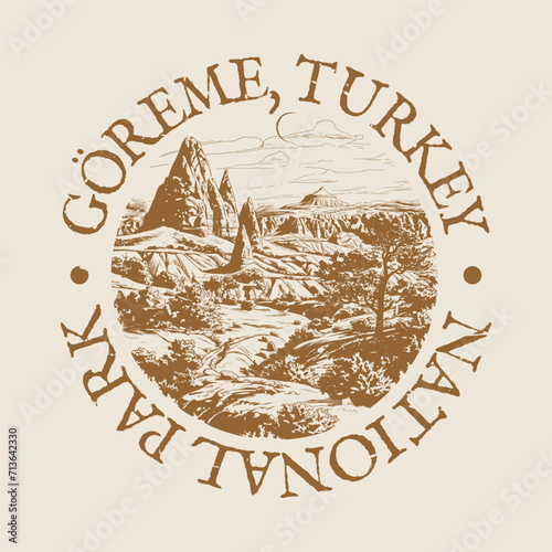 Göreme, Cappadocia Illustration Clip Art Design Shape. National Park Vintage Icon Vector Stamp.