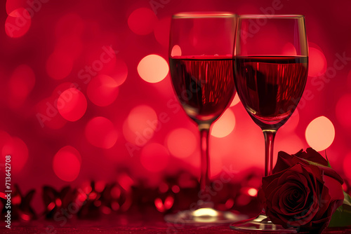 two glasses of wine and a rose on red background