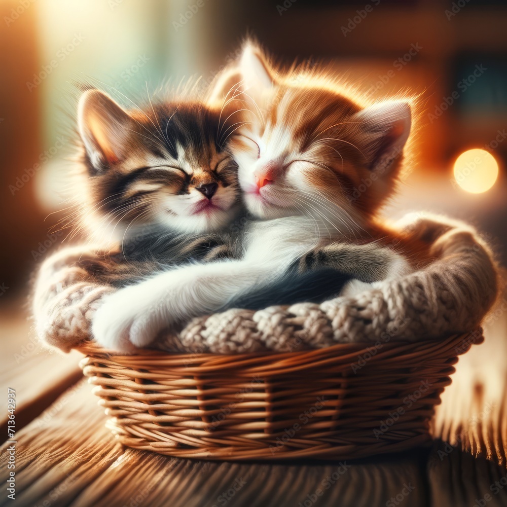 A heartwarming scene of two happy kittens cuddled up together in a cozy basket, their tiny paws and tails entwined, symbolizing love and affection, perfect for Valentine's Day, soft and adorable