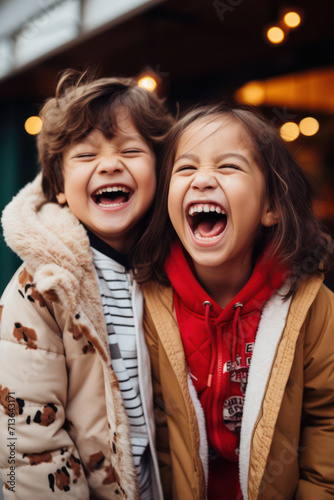 Playful Childhood Joy: Two Cute Caucasian Girls and a Boy in a Park, Expressing Happiness and Enjoyment Outdoors