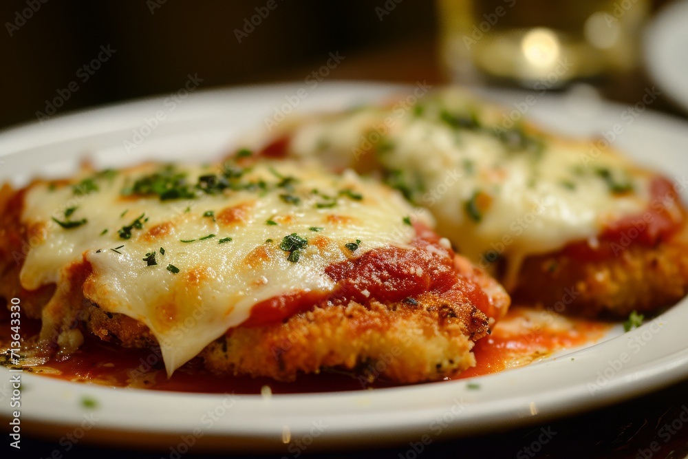 Close Up of Chicken Parmesan Topped with Melted Cheese and Herbs on a White Plate