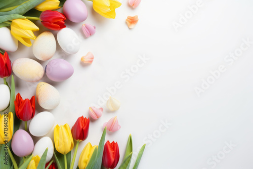 Easter background with spring flowers and colorful Easter eggs on white surface © fahrwasser