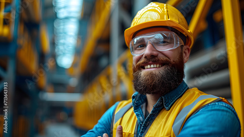 Cheerful bearded worker in yellow safety helmet and yellow vest smiles happily 