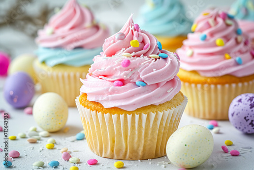 Easter cupcakes with colorful frosting, candy eggs and sprinkles, festive Easter dessert idea for kids