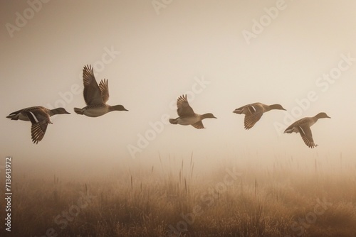 A group of 5 Northern pintails flies through fog at Ridgefield National Wildlife Refuge.