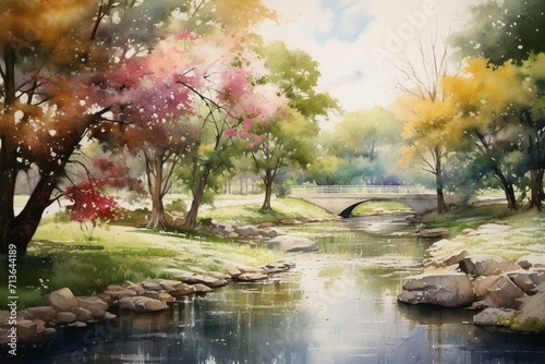 A park landscape painting with a watercolor-style and impressionist touch. Generative AI