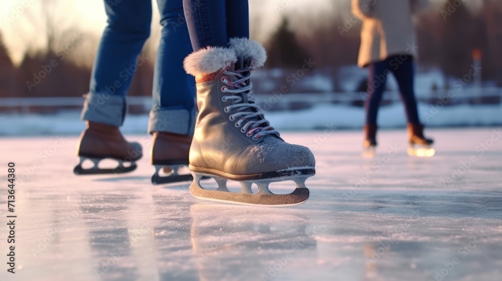 Close-up of feet wearing skates on the ice. Winter skating at an outdoor skating rink. Christmas winter fun.Winter skating at an outdoor skating rink. - obrazy, fototapety, plakaty 