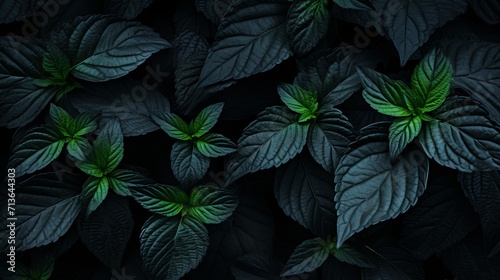 Abstract black tropical leaf textures for dark nature background, flat lay concept