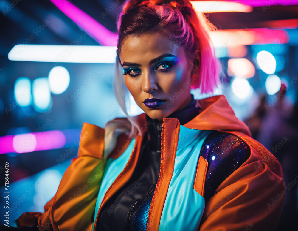 A young woman in a futuristic cyberpunk style outfit poses for the camera. The background is white. This image shows the concept of alternative fashion, subculture, and technology.