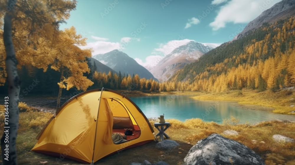 A camping tent in a nature hiking spot Relaxing during Ai Generative