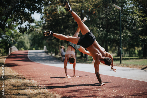 Fit, inspiring young athletes practice outdoor sports in a sunny park. They perform cartwheels, showing their toned bodies and exercising muscles.