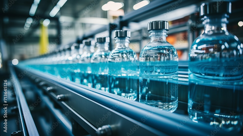 Modern equipment in beverage factory  water pet bottles on conveyor belt - obrazy, fototapety, plakaty 