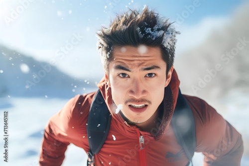male runner exercising running on winter snow mountain