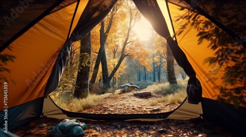 A camping tent in a nature hiking spot view from inside Ai Generative