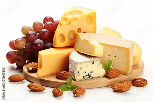 Assorted cheese types isolated on white background for culinary concept or packaging design photo