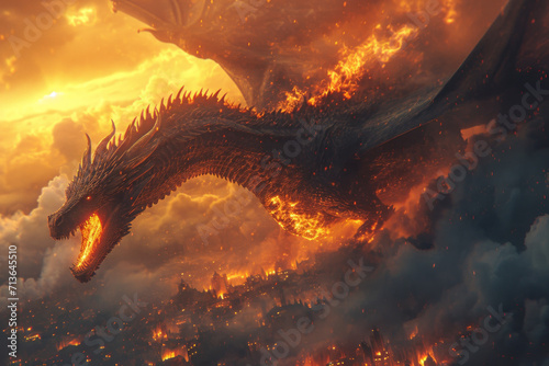 Dragon breathing fire while flying over a village. Mythology creature. Dark fantasy illustration. Generative AI © VertigoAI