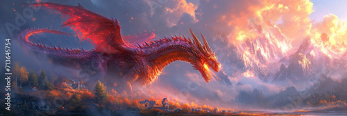 Dragon breathing fire while flying over a village. Mythology creature. Dark fantasy illustration. Generative AI photo