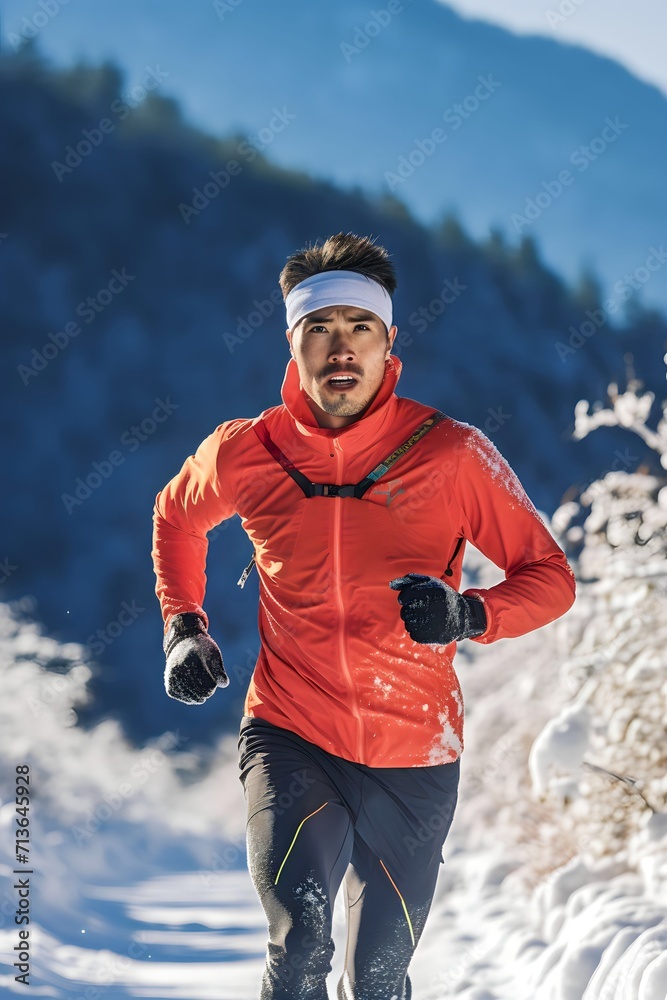 male runner exercising running on winter snow mountain