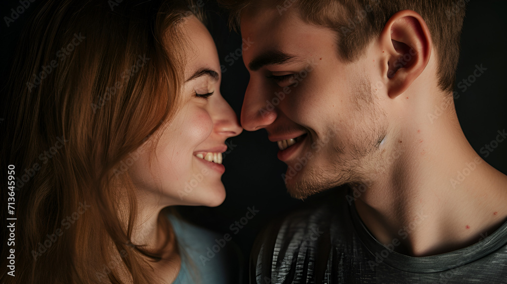 closeup shot of young Caucasian couple on black wallpaper, valentines day concept, sidepose 