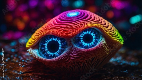 creatures that resemble monster Psychedelic mushroom trippy with neon colors with ugly big eyes