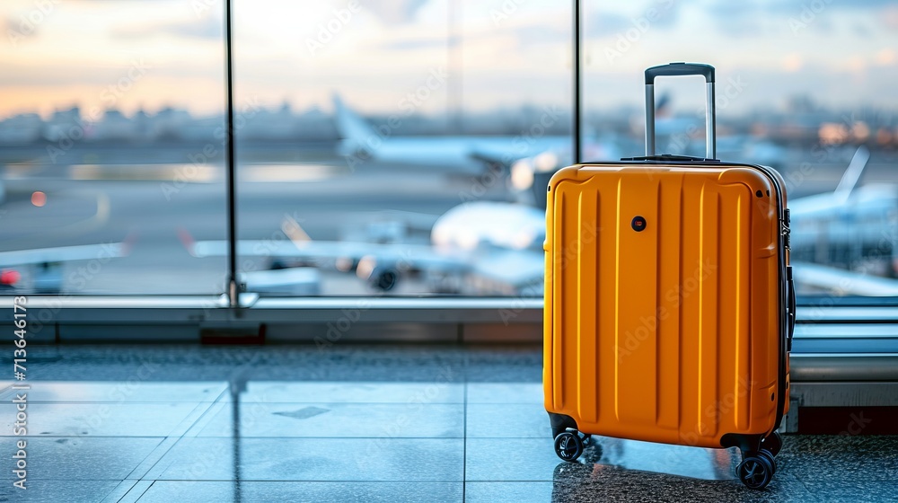 Suitcases in airport with blurred aircraft, travel and vacation concept with text space Suitcases in airport with blurred aircraft, travel and vacation concept with text space