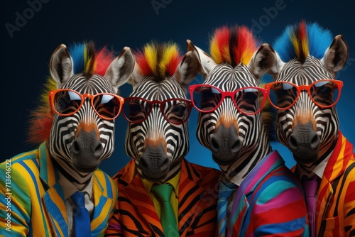 zebra portrait with sunglasses  Funny animals in a group together looking at the camera  wearing clothes  having fun together  taking a selfie  An unusual moment full of fun and fashion consciousness.