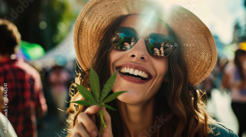 Portrait of smiling young woman with cannabis leaf at music festival in city