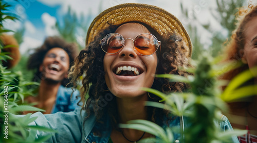 Group of happy friends having fun together at cannabis plantation. They are smiling and looking at camera.