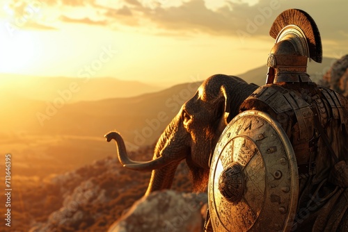 The Alps Conquest: Cinematic Scene of Hannibal Barca, Carthaginian General in His Thirties, Astride an Elephant, Surveying the Harsh Mountain Sunlight with Sun Flare, Signifying Audacity and Strategic photo