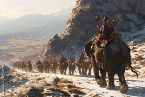 The Alps Conquest: Cinematic Scene of Hannibal Barca, Carthaginian General in His Thirties, Astride an Elephant, Surveying the Harsh Mountain Sunlight with Sun Flare, Signifying Audacity and Strategic