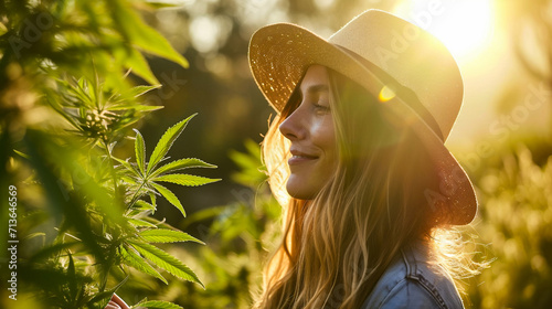 Beautiful young woman in a hat and jeans jacket with a marijuana leaf in her hands.