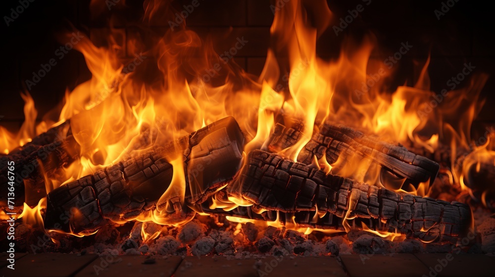 Vibrant fireplace close up with dancing flames and glowing embers illuminated by warm light Vibrant fireplace close up with dancing flames and glowing embers illuminated by warm light