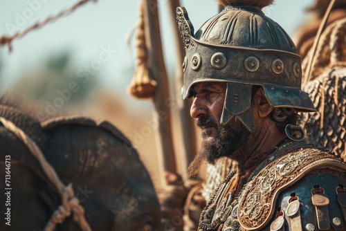 The Alps Conquest: Cinematic Scene of Hannibal Barca, Carthaginian General in His Thirties, Astride an Elephant, Surveying the Harsh Mountain Sunlight with Sun Flare, Signifying Audacity and Strategic photo