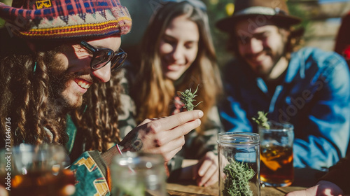 Group of friends having fun on a picnic in nature. Group of young people having fun outdoors.