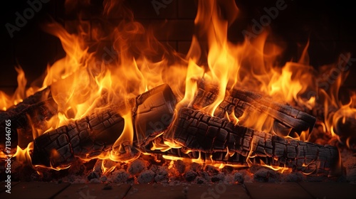 Vibrant fireplace close up with dancing flames and glowing embers illuminated by warm light
