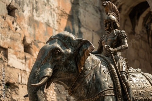 The Alps Conquest: Cinematic Scene of Hannibal Barca, Carthaginian General in His Thirties, Astride an Elephant, Surveying the Harsh Mountain Sunlight with Sun Flare, Signifying Audacity and Strategic photo