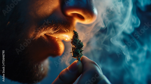 Man smoking marijuana joint. Close up of man smoking cannabis joint.