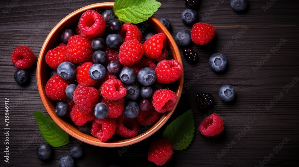 Bowl of Berries and Raspberries on Table, Fresh and Juicy Summer Fruits Bowl of Berries and Raspberries on Table, Fresh and Juicy Summer Fruits