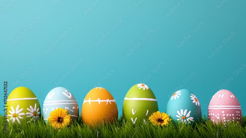 A festive Easter background featuring lively egg decorations and plenty of space for text placement.
