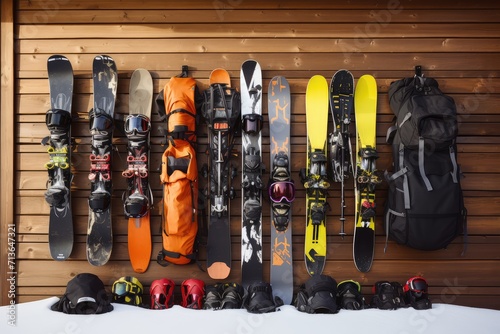 Assorted Skis Hanging on Wall for Winter Sports Enthusiasts photo