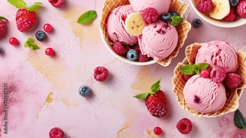 Delicious and colorful Gelato background adorned with sweet and fresh toppings, offering ample space for text photo