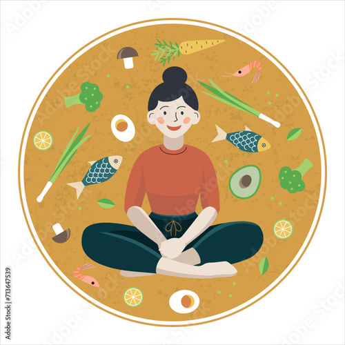 Vector illustration of a woman sitting cross-legged in meditation pose, surrounded by symbols of healthy food, longevity and keto-diet: avocado, leek, fish, shrimp, seafood, lemon, broccoli, mushrooms